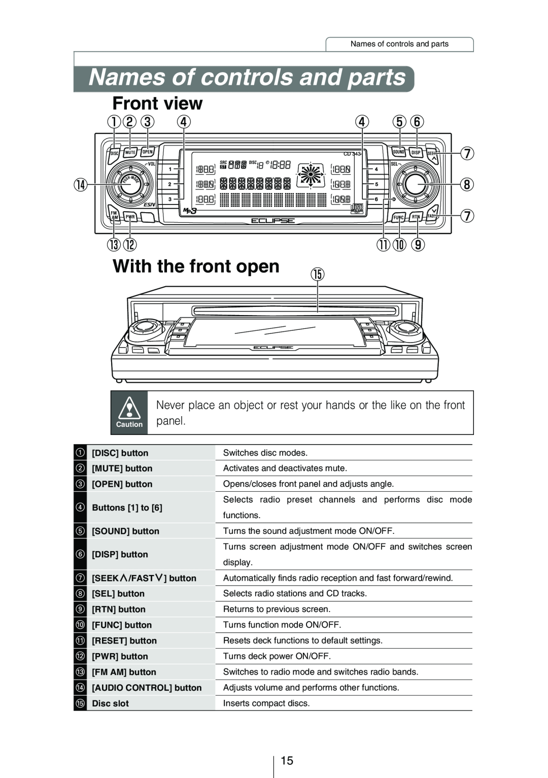 Eclipse - Fujitsu Ten CD3434 owner manual Names of controls and parts, Front view, With the front open 