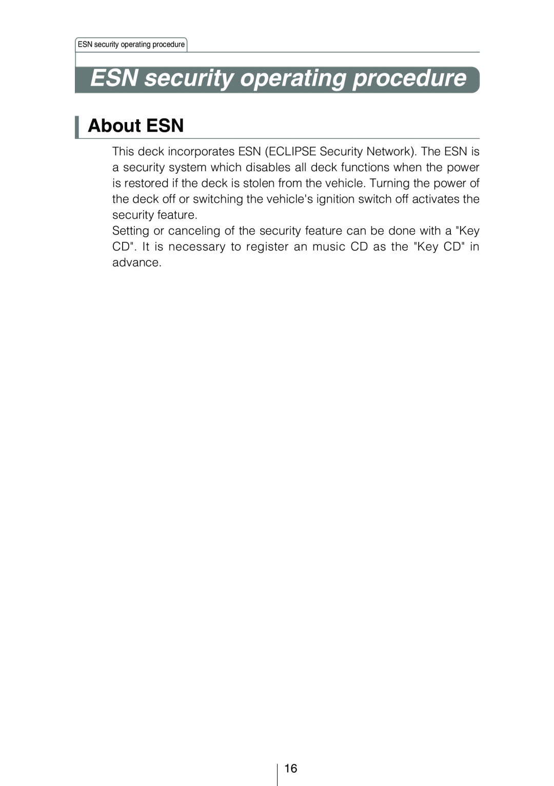 Eclipse - Fujitsu Ten CD3434 owner manual ESN security operating procedure, About ESN 
