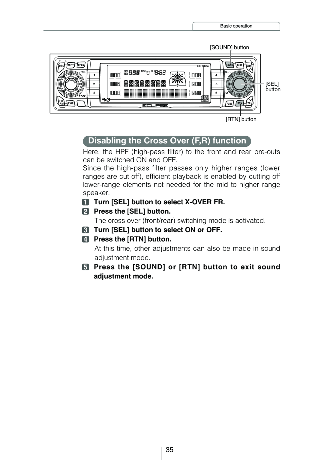 Eclipse - Fujitsu Ten CD3434 owner manual Disabling the Cross Over F,R function 