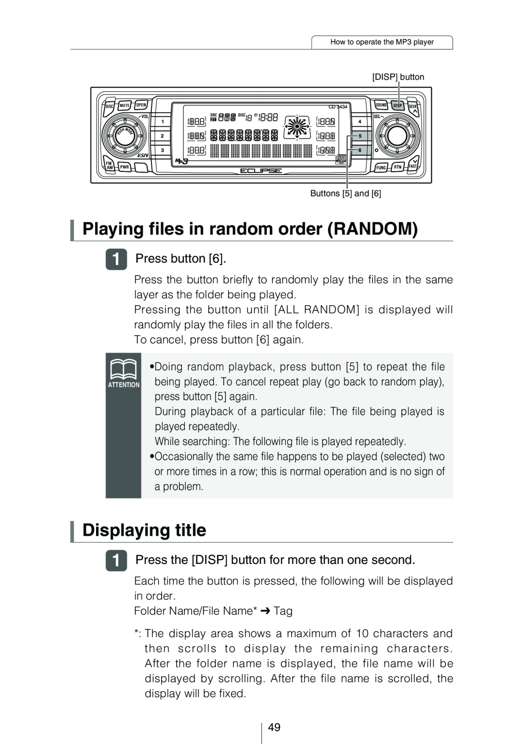 Eclipse - Fujitsu Ten CD3434 owner manual Playing files in random order RANDOM, Displaying title, Press button 