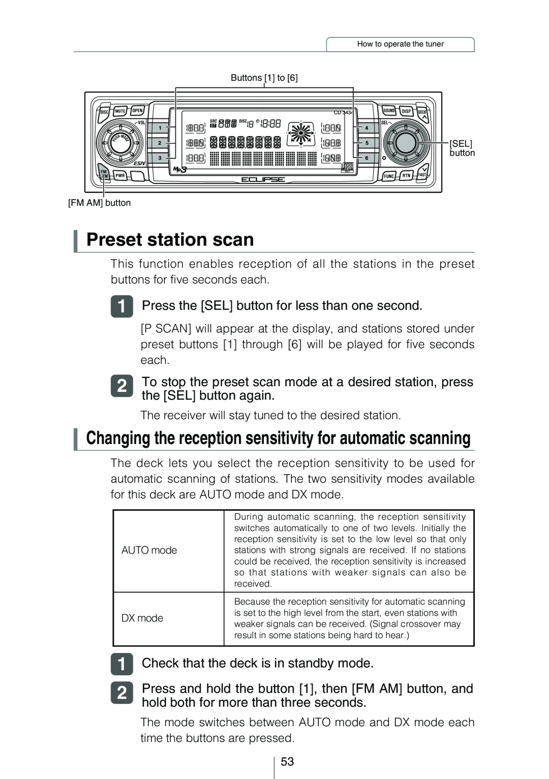 Eclipse - Fujitsu Ten CD3434 owner manual Preset station scan, Changing the reception sensitivity for automatic scanning 