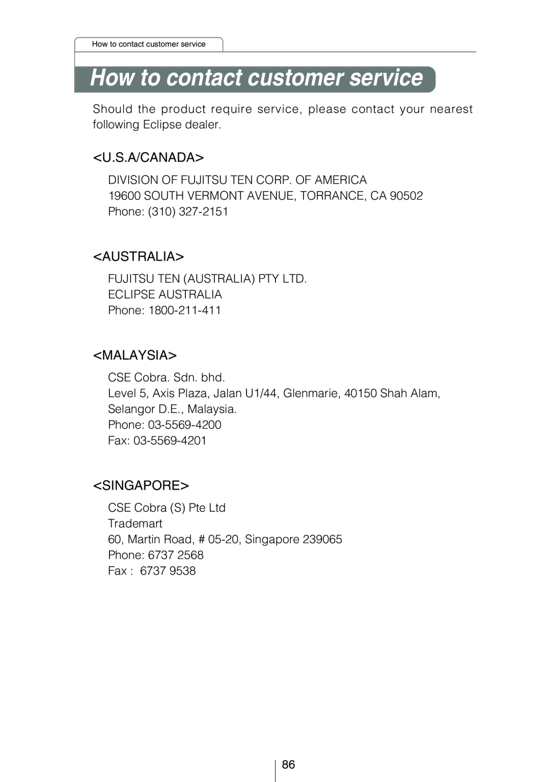 Eclipse - Fujitsu Ten CD3434 owner manual U.S.A/Canada, Australia, Malaysia, Singapore, How to contact customer service 