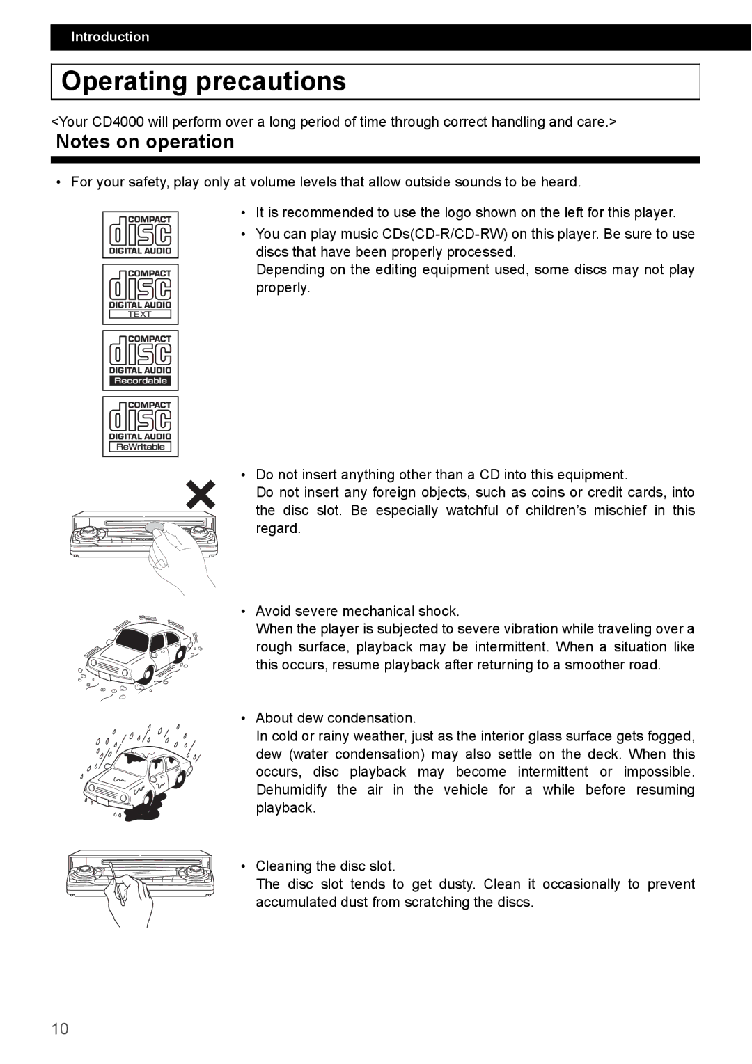 Eclipse - Fujitsu Ten CD4000 manual Operating precautions 