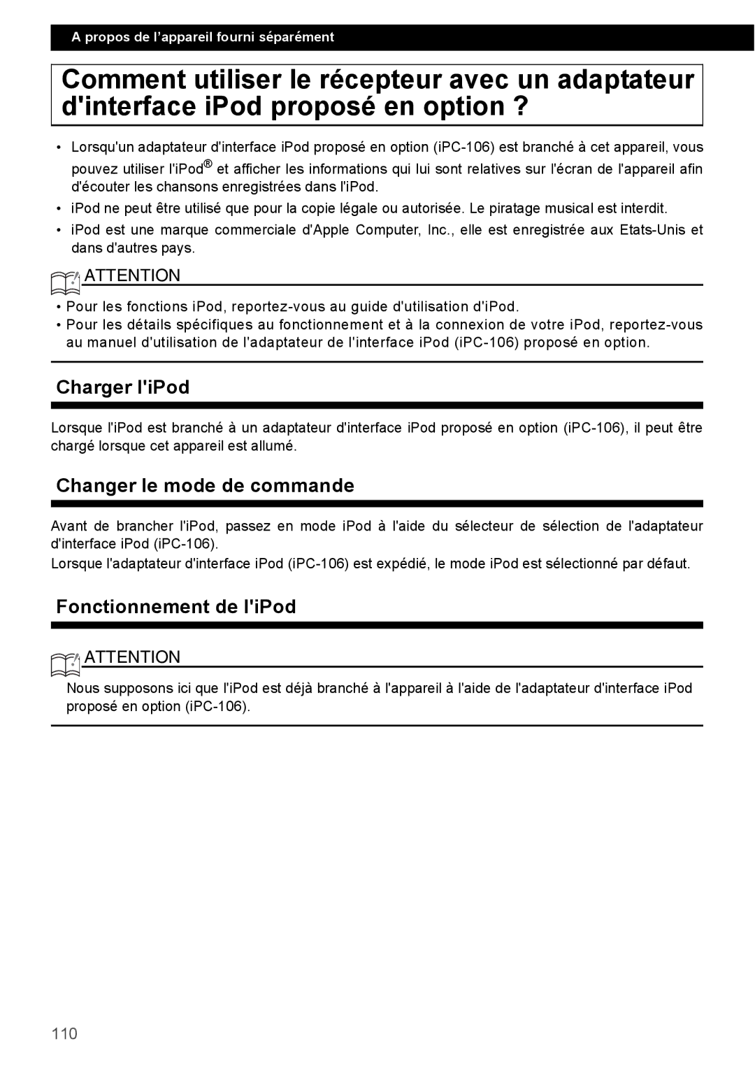 Eclipse - Fujitsu Ten CD4000 manual Charger liPod, Changer le mode de commande, Fonctionnement de liPod, 110 