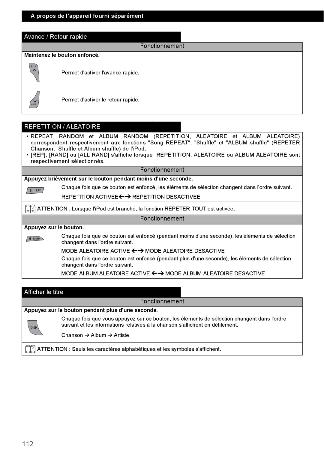 Eclipse - Fujitsu Ten CD4000 manual 112, Afficher le titre, Repetition Activee Repetition Desactivee 