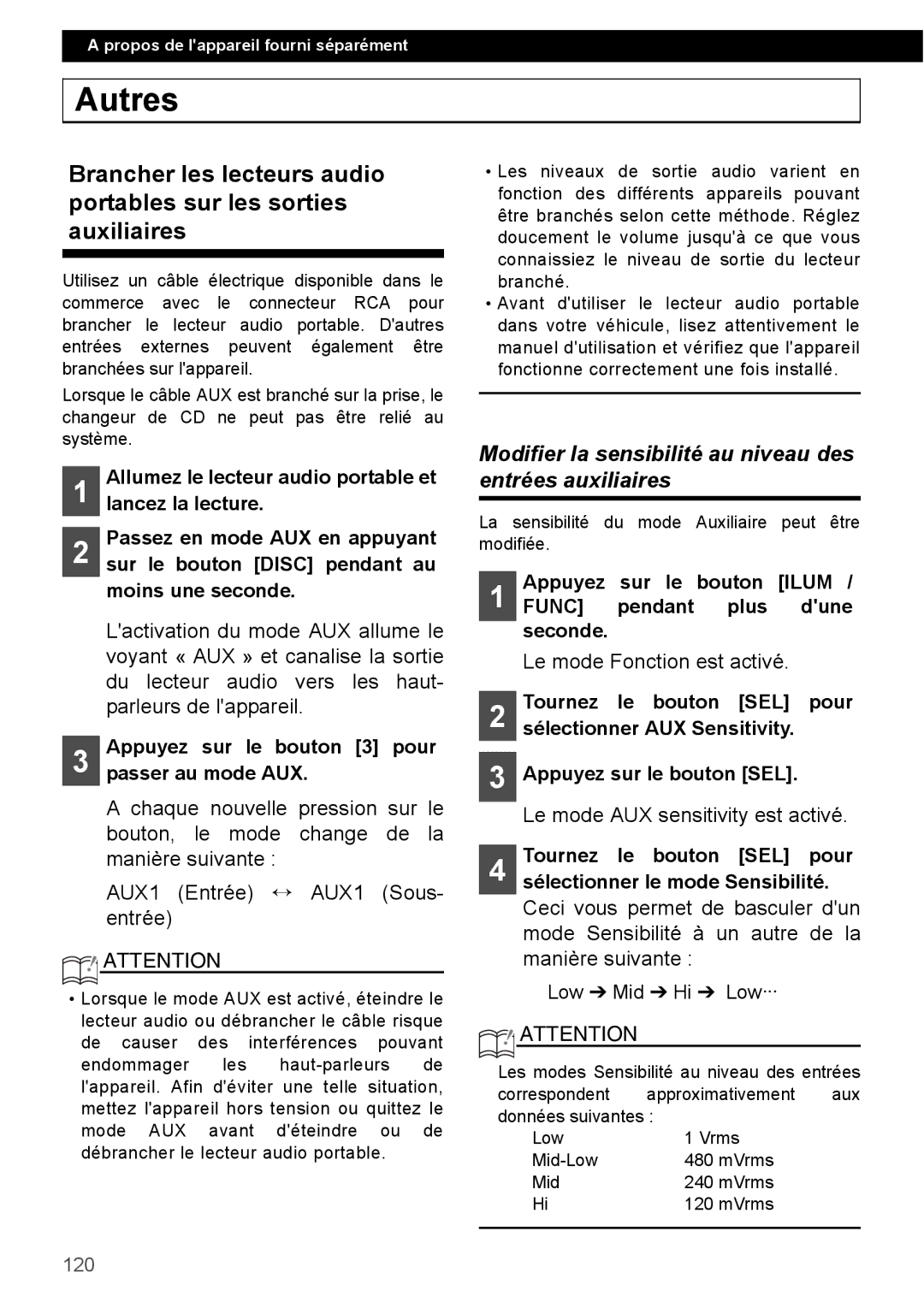 Eclipse - Fujitsu Ten CD4000 manual Autres, Modifier la sensibilité au niveau des entrées auxiliaires, 120 