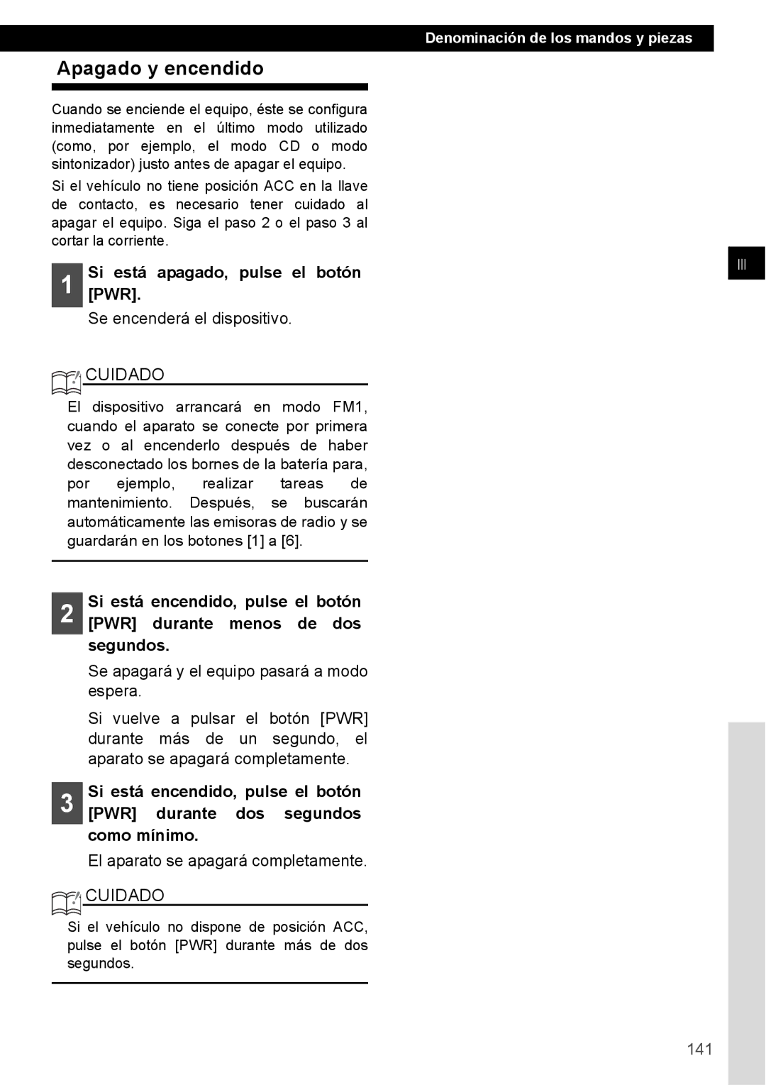 Eclipse - Fujitsu Ten CD4000 manual Apagado y encendido, Si está apagado, pulse el botón PWR, 141 