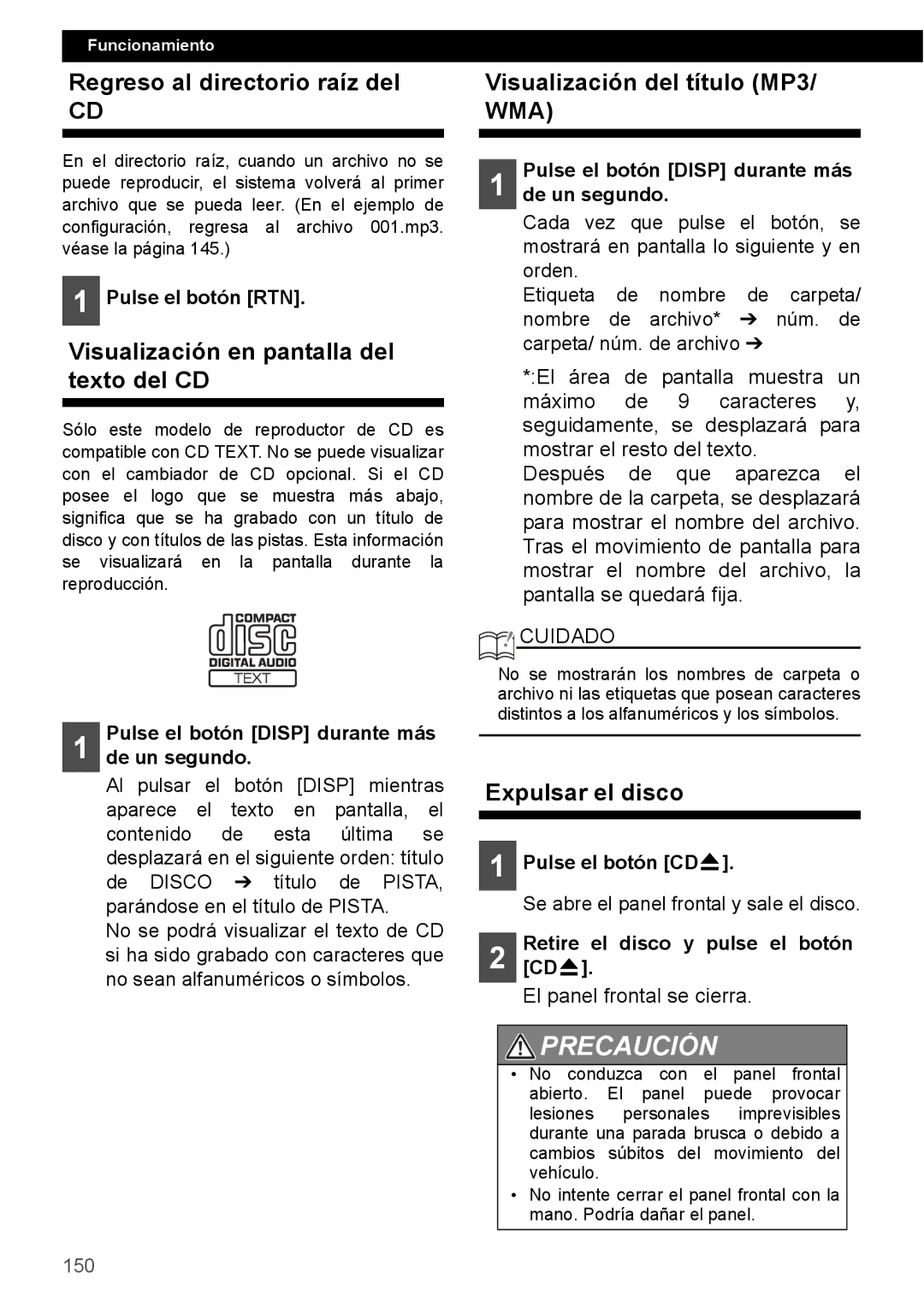 Eclipse - Fujitsu Ten CD4000 Regreso al directorio raíz del, Visualización en pantalla del texto del CD, Expulsar el disco 