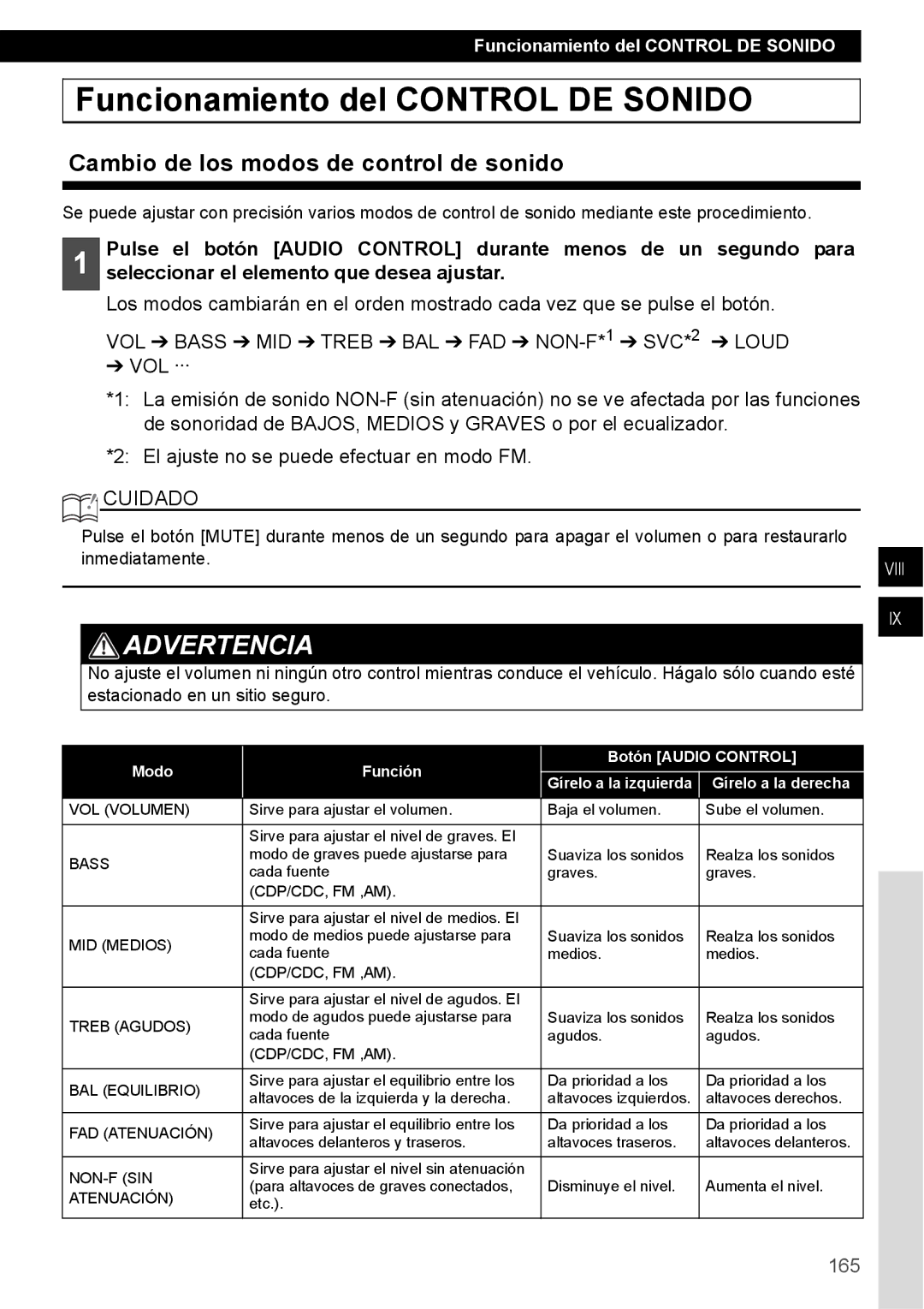 Eclipse - Fujitsu Ten CD4000 manual Funcionamiento del Control DE Sonido, Cambio de los modos de control de sonido, 165 