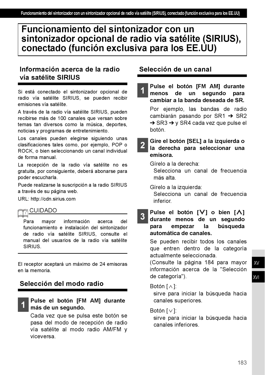 Eclipse - Fujitsu Ten CD4000 manual Información acerca de la radio vía satélite Sirius, Selección del modo radio, 183 