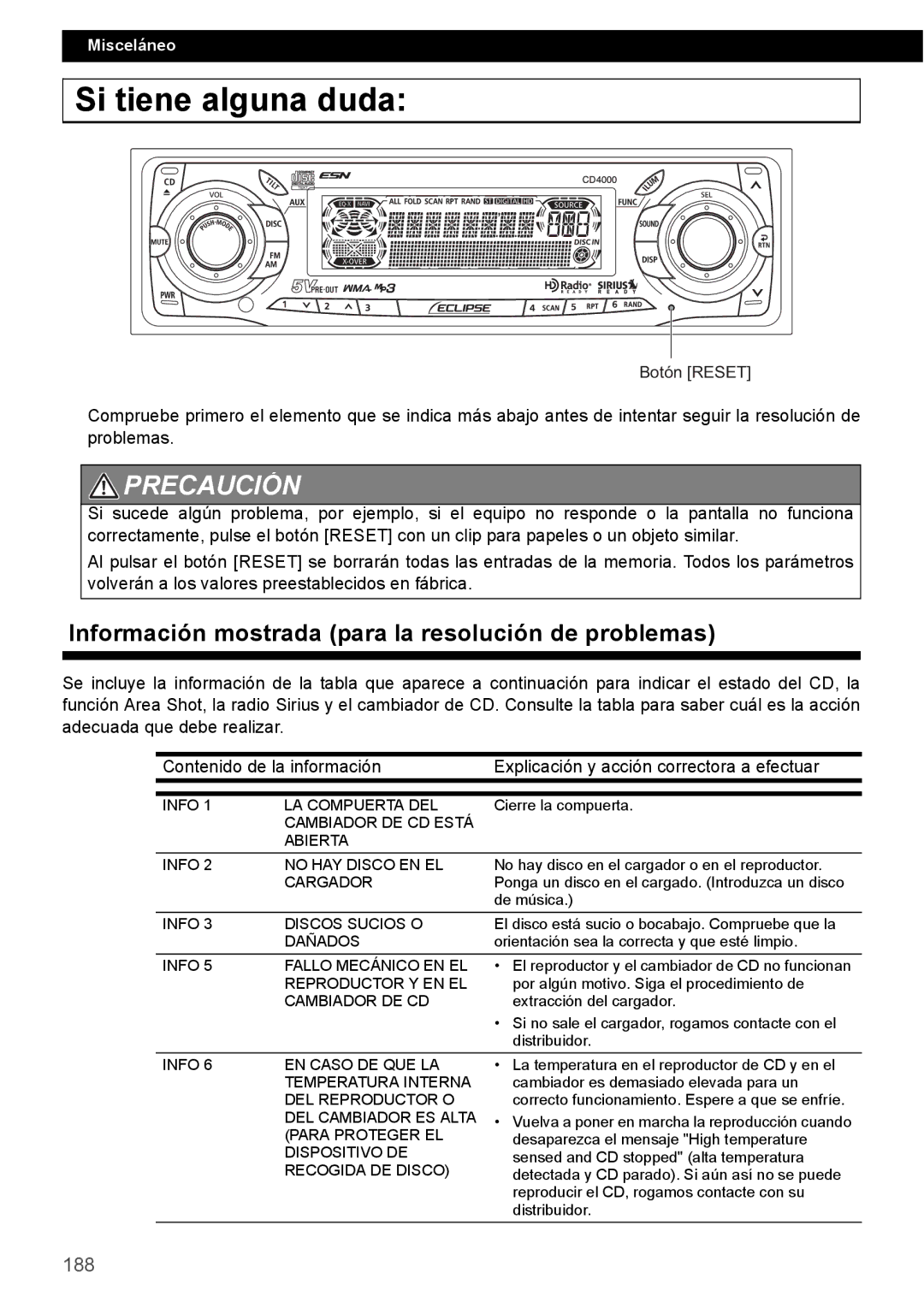 Eclipse - Fujitsu Ten CD4000 manual Si tiene alguna duda, Información mostrada para la resolución de problemas, 188 