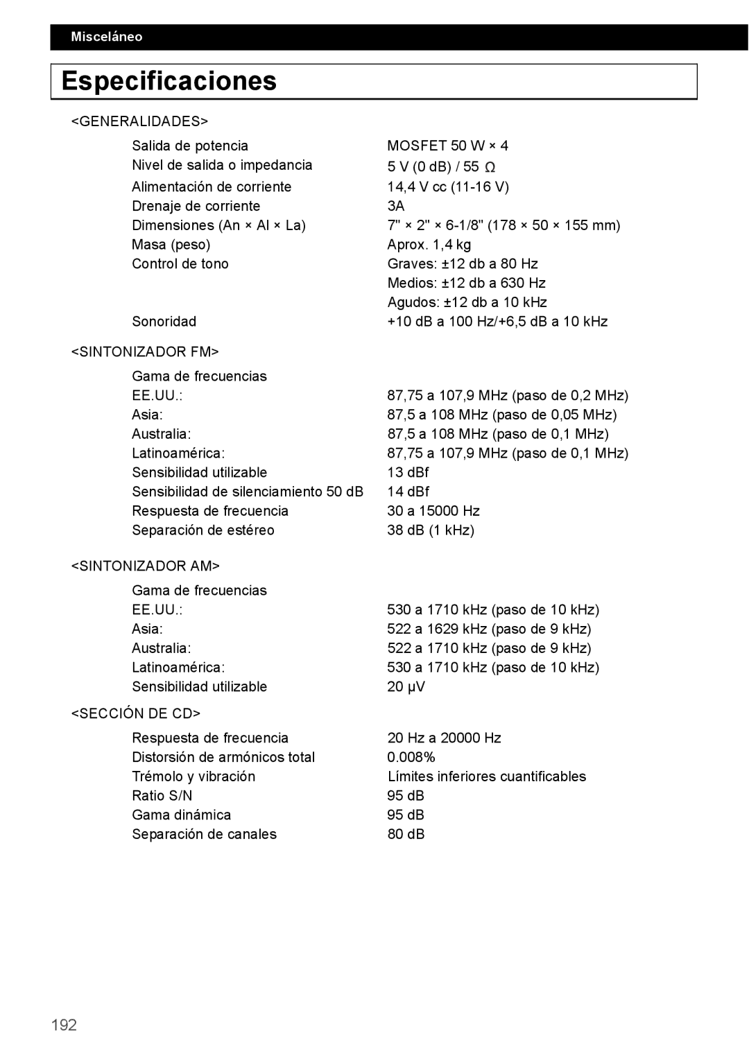 Eclipse - Fujitsu Ten CD4000 manual Especificaciones, 192, Gama de frecuencias, 530 a 1710 kHz paso de 10 kHz 