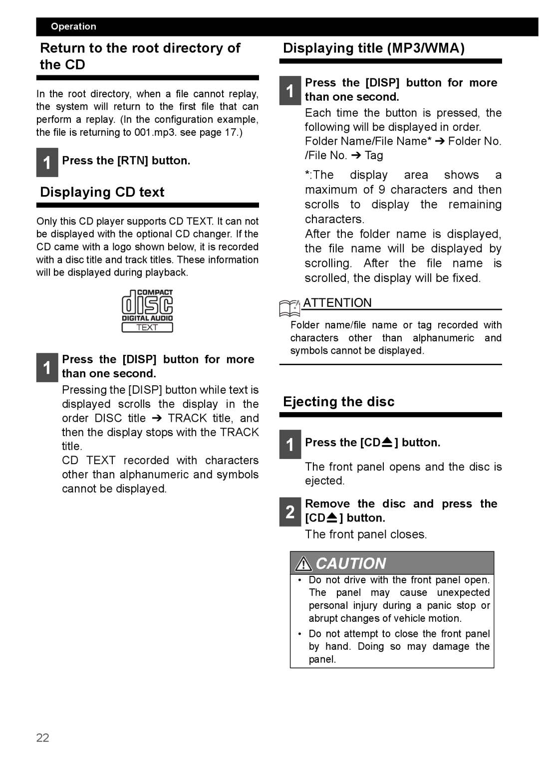 Eclipse - Fujitsu Ten CD4000 manual Return to the root directory of the CD, Displaying CD text, Displaying title MP3/WMA 