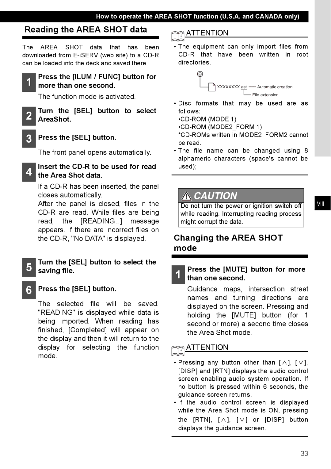 Eclipse - Fujitsu Ten CD4000 manual Reading the Area Shot data, Changing the Area Shot mode 