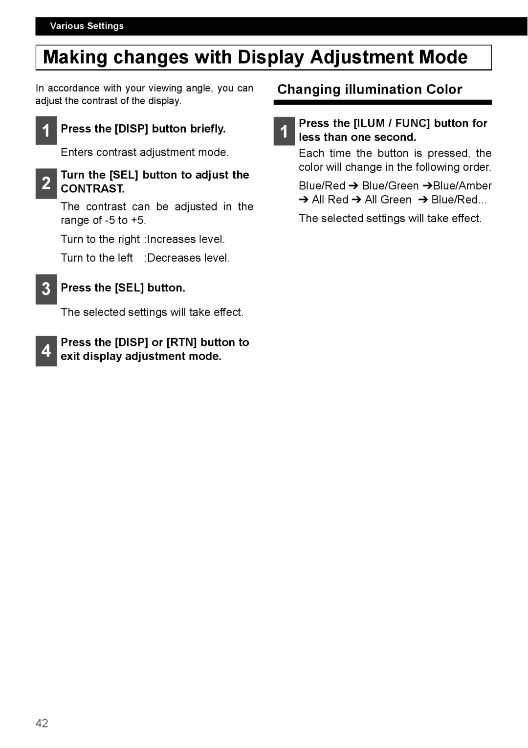 Eclipse - Fujitsu Ten CD4000 manual Making changes with Display Adjustment Mode, Changing illumination Color 