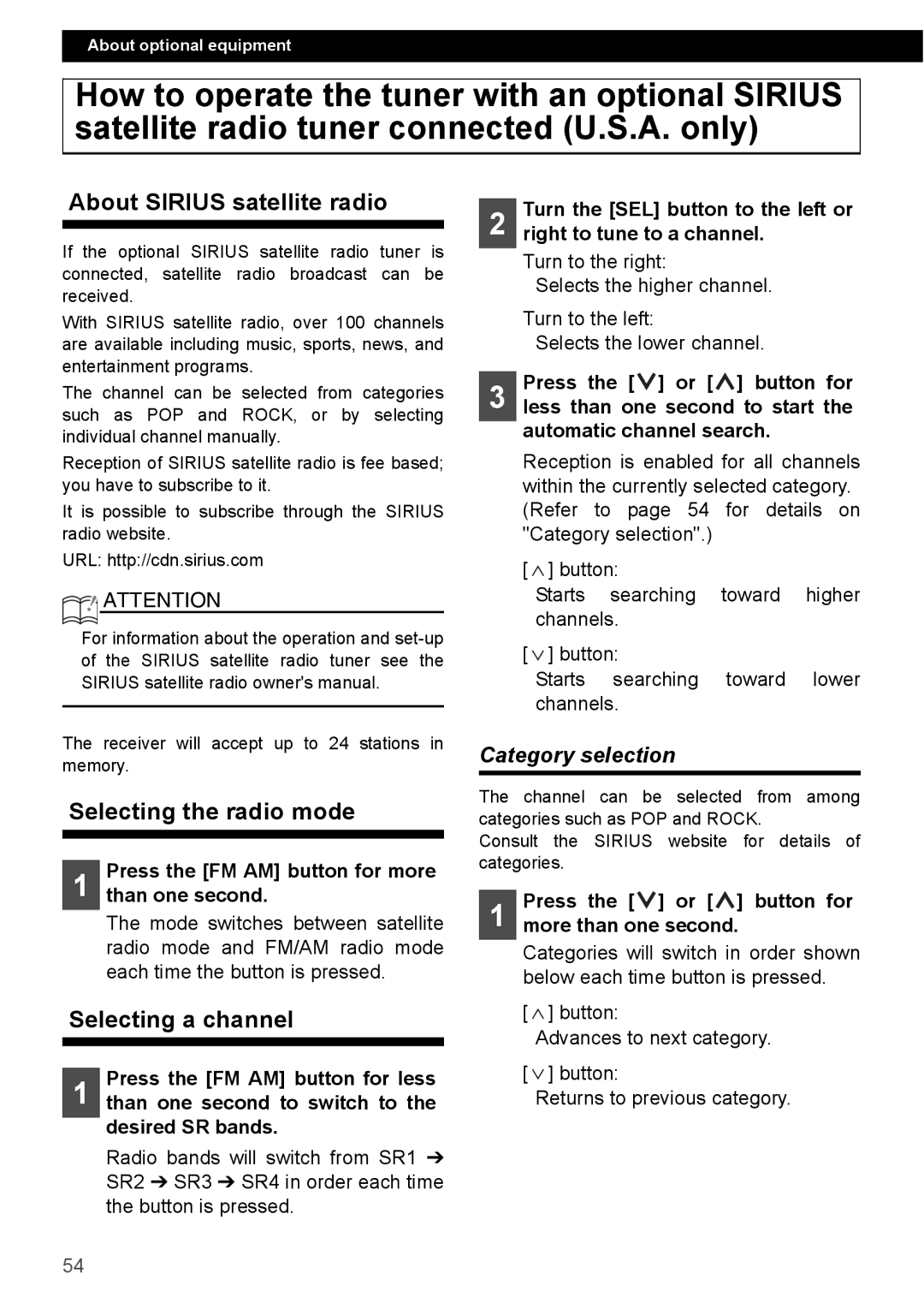 Eclipse - Fujitsu Ten CD4000 manual About Sirius satellite radio, Selecting the radio mode, Selecting a channel 