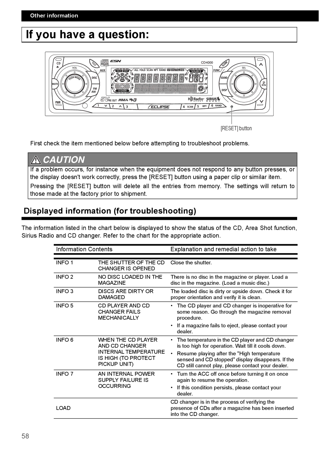 Eclipse - Fujitsu Ten CD4000 manual If you have a question, Displayed information for troubleshooting 