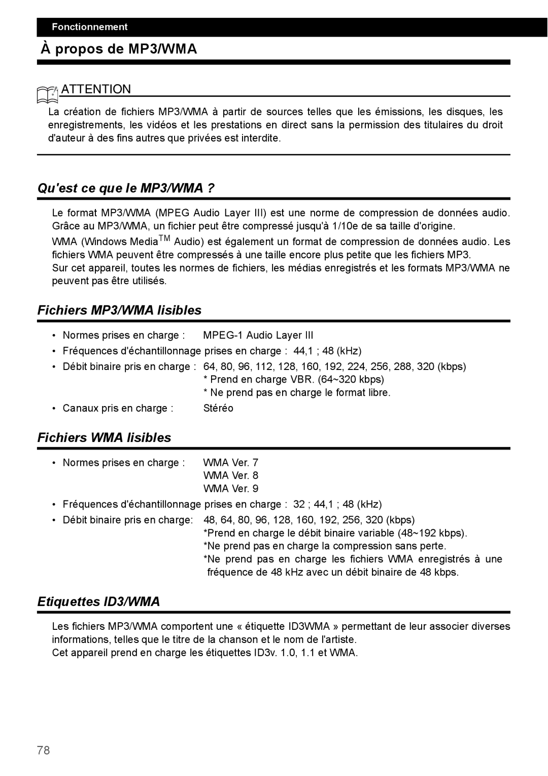 Eclipse - Fujitsu Ten CD4000 Propos de MP3/WMA, Quest ce que le MP3/WMA ?, Fichiers MP3/WMA lisibles, Etiquettes ID3/WMA 