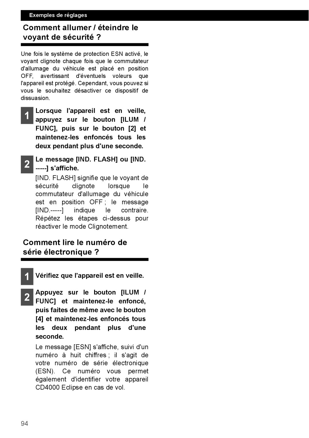 Eclipse - Fujitsu Ten CD4000 manual Comment allumer / éteindre le voyant de sécurité ? 