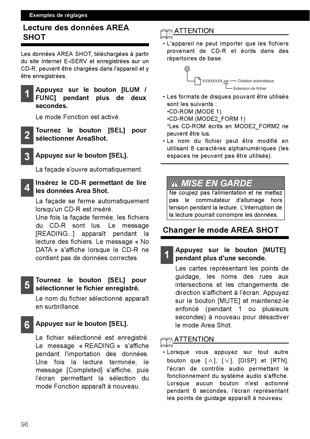 Eclipse - Fujitsu Ten CD4000 manual Lecture des données Area Shot, Changer le mode Area Shot 