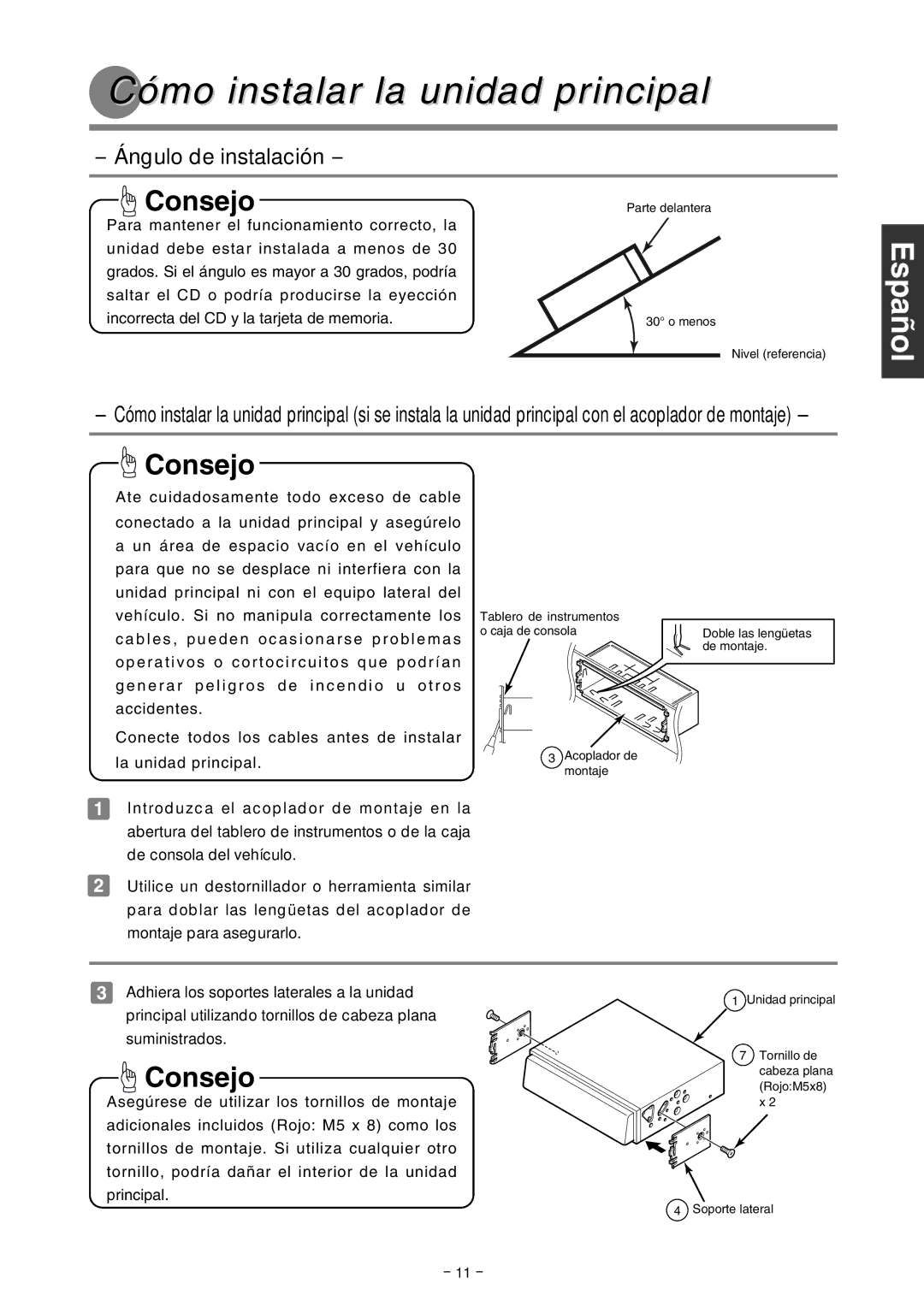 Eclipse - Fujitsu Ten CD4000, CD5000 installation manual Cómo instalar la unidad principal, Español Français Italiano 