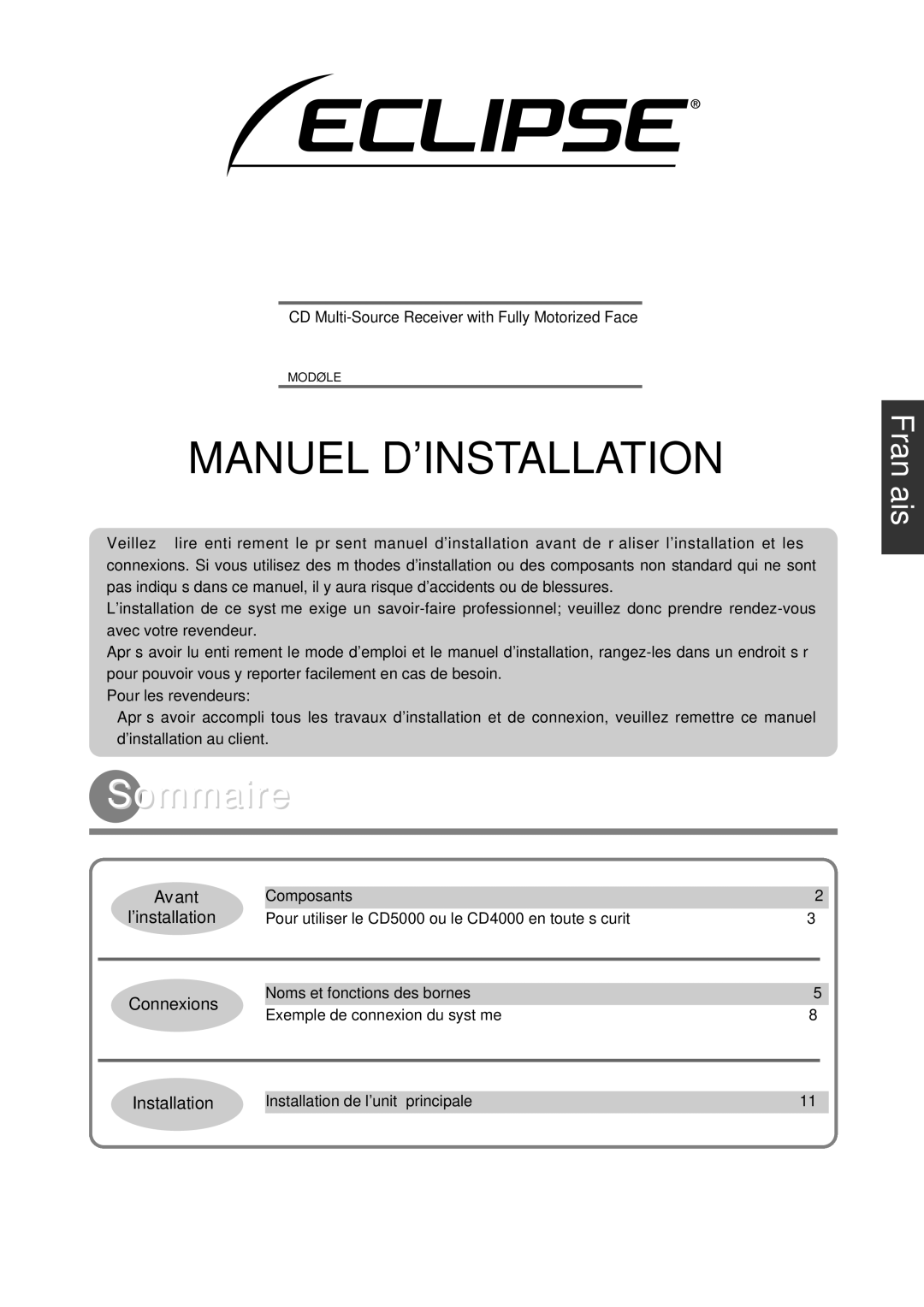 Eclipse - Fujitsu Ten CD4000, CD5000 installation manual Manuel Dinstallation, Sommaire 