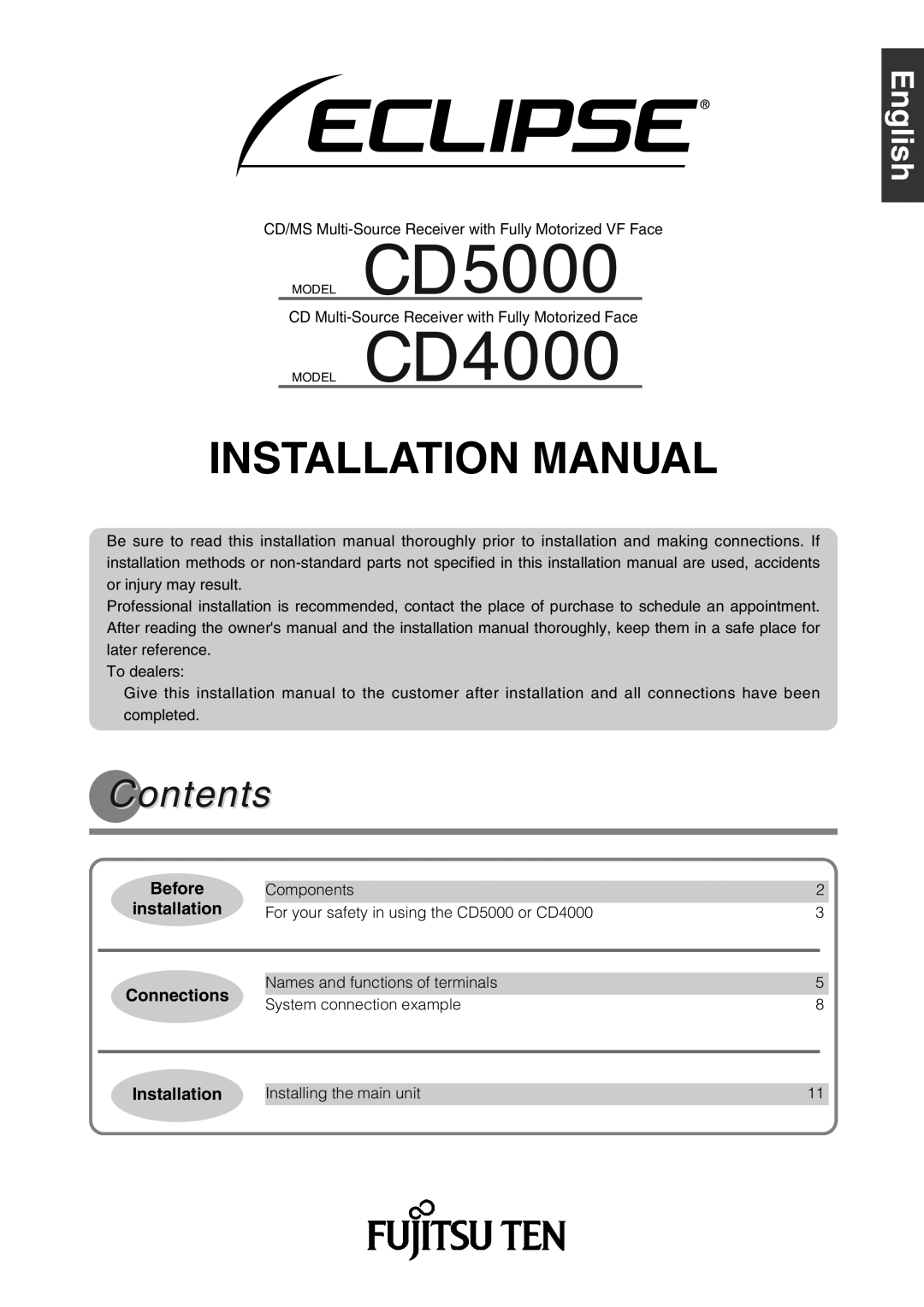 Eclipse - Fujitsu Ten CD4000, CD5000 installation manual Installation Manual, Contents, Svenska, Before, Connections 