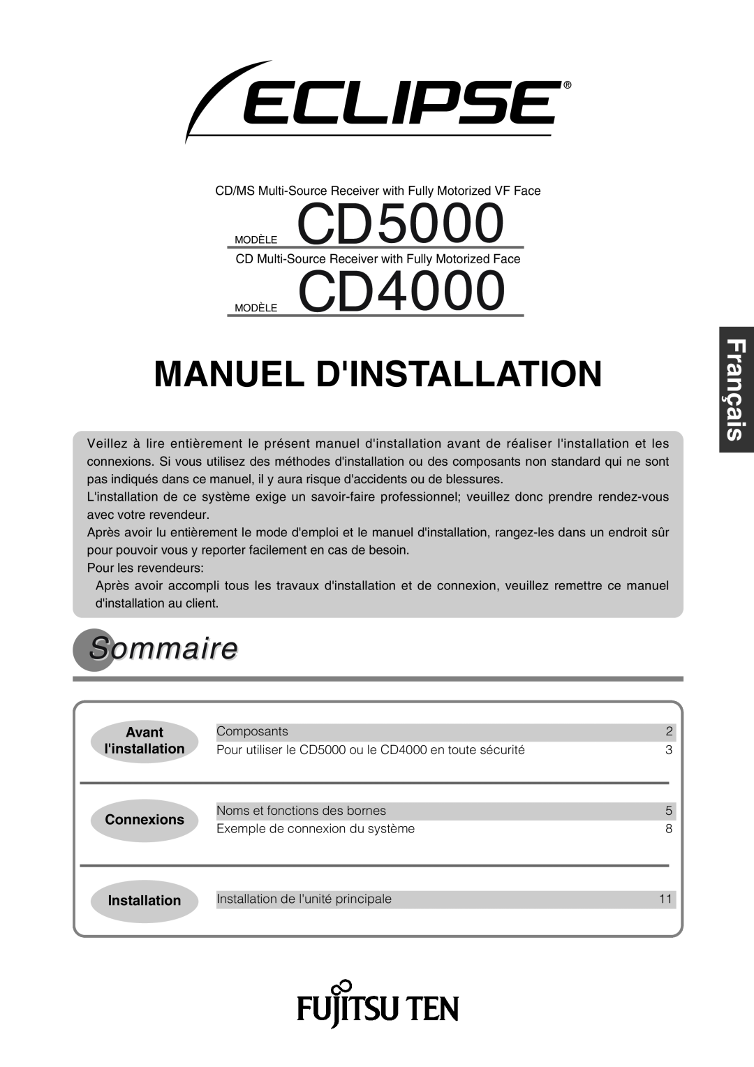 Eclipse - Fujitsu Ten CD4000 Manuel Dinstallation, Sommaire, Avant, linstallation, Connexions, Svenska, Installation 