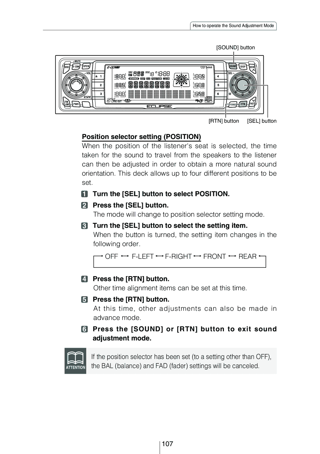 Eclipse - Fujitsu Ten CD5444 Position selector setting Position, Other time alignment items can be set at this time, 107 