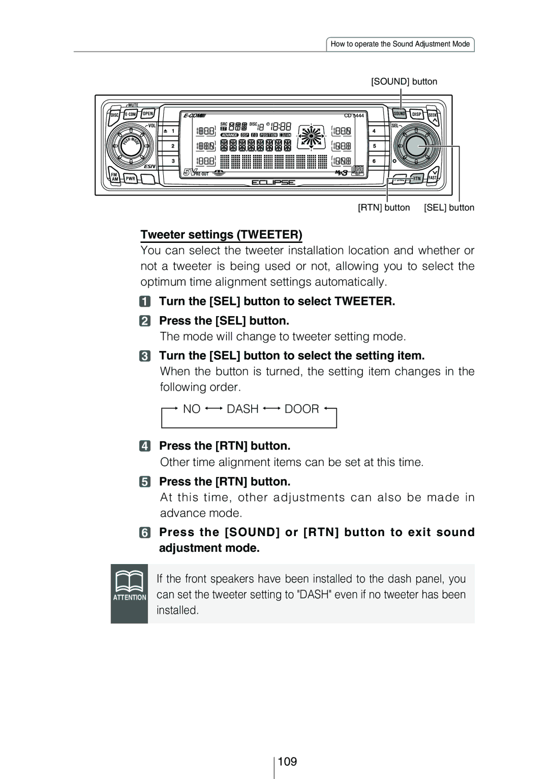 Eclipse - Fujitsu Ten CD5444 Tweeter settings Tweeter, Turn the SEL button to select Tweeter Press the SEL button 