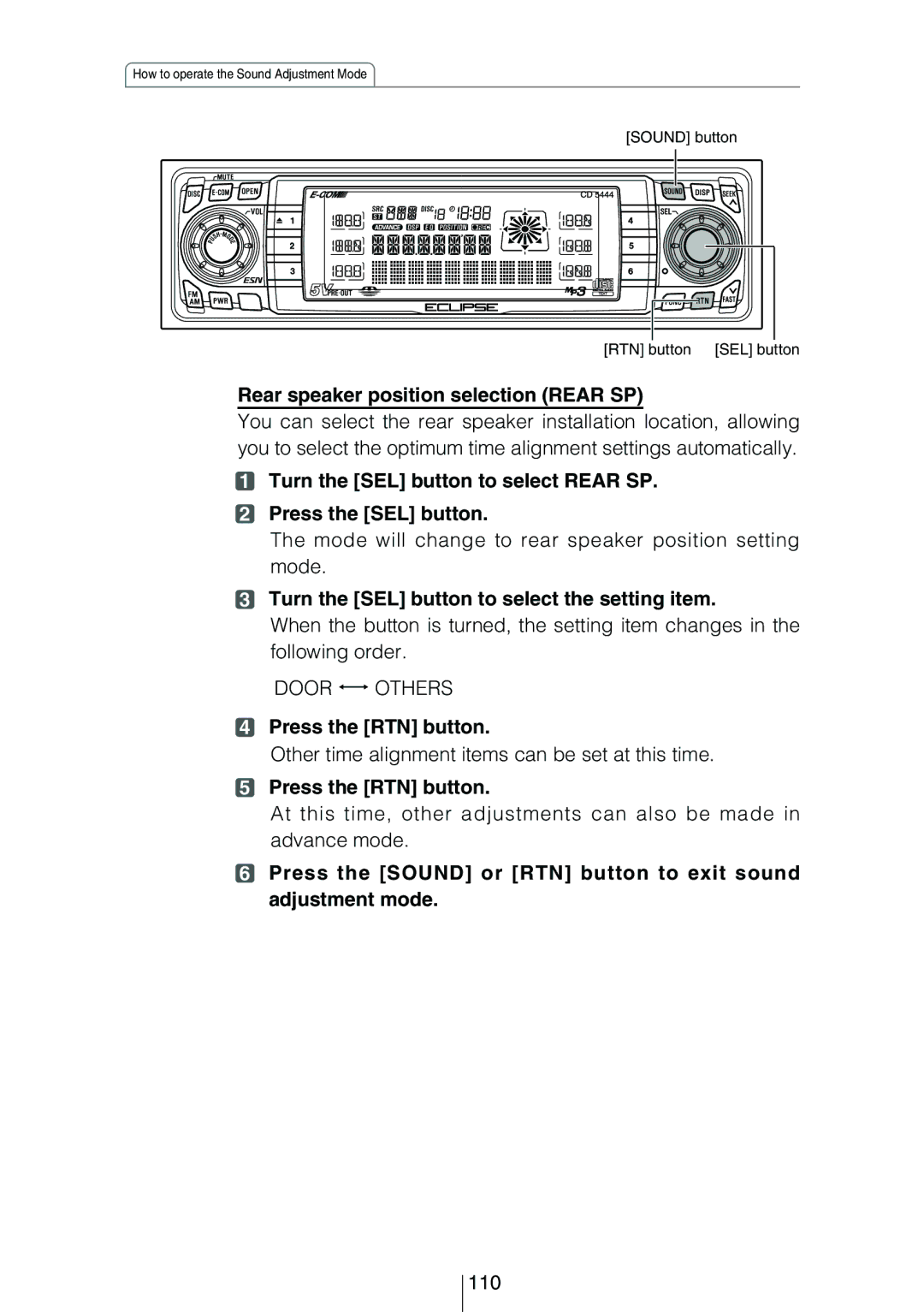 Eclipse - Fujitsu Ten CD5444 owner manual Rear speaker position selection Rear SP, 110 