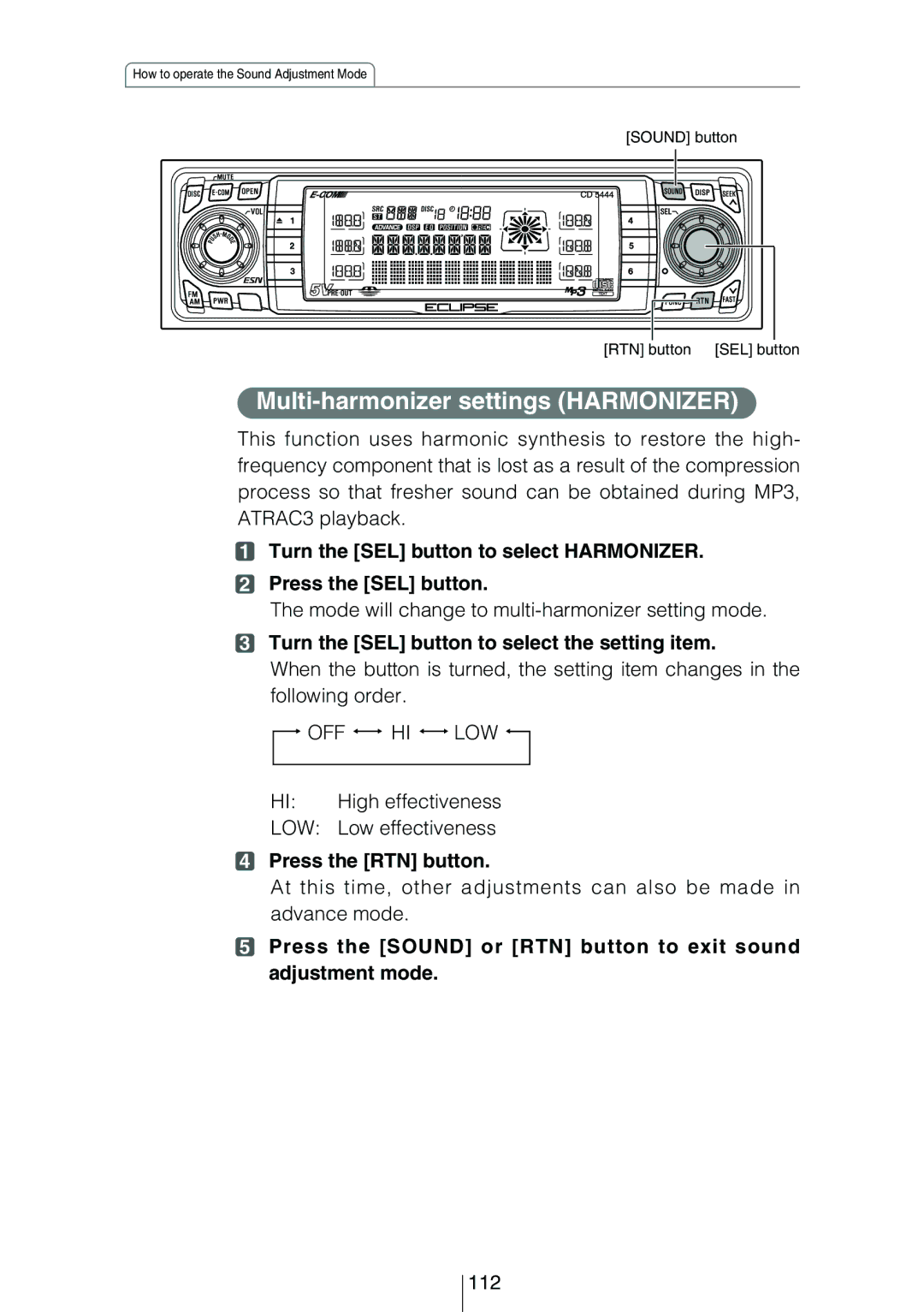 Eclipse - Fujitsu Ten CD5444 Multi-harmonizer settings Harmonizer, Mode will change to multi-harmonizer setting mode, 112 