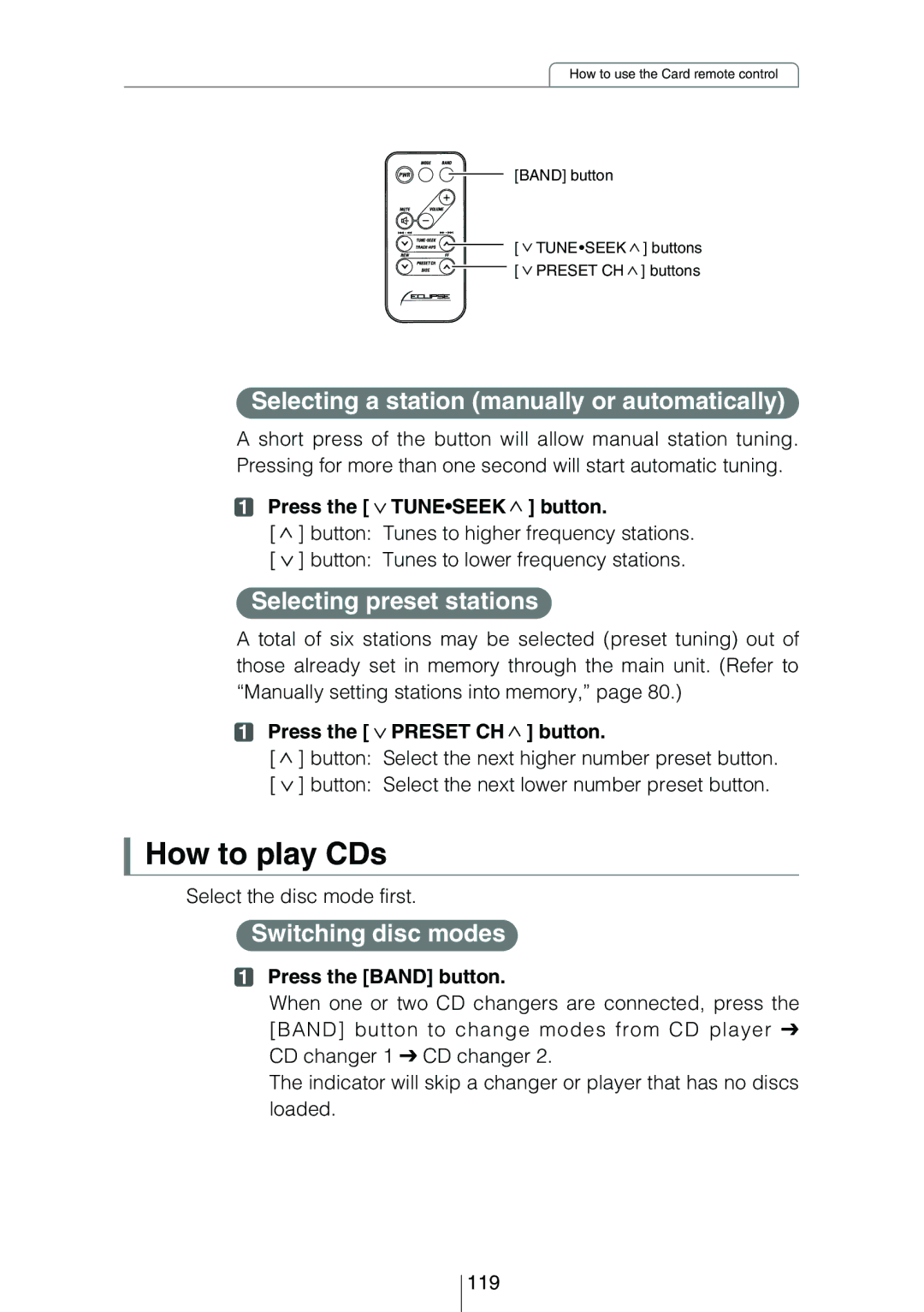 Eclipse - Fujitsu Ten CD5444 How to play CDs, Selecting a station manually or automatically, Selecting preset stations 