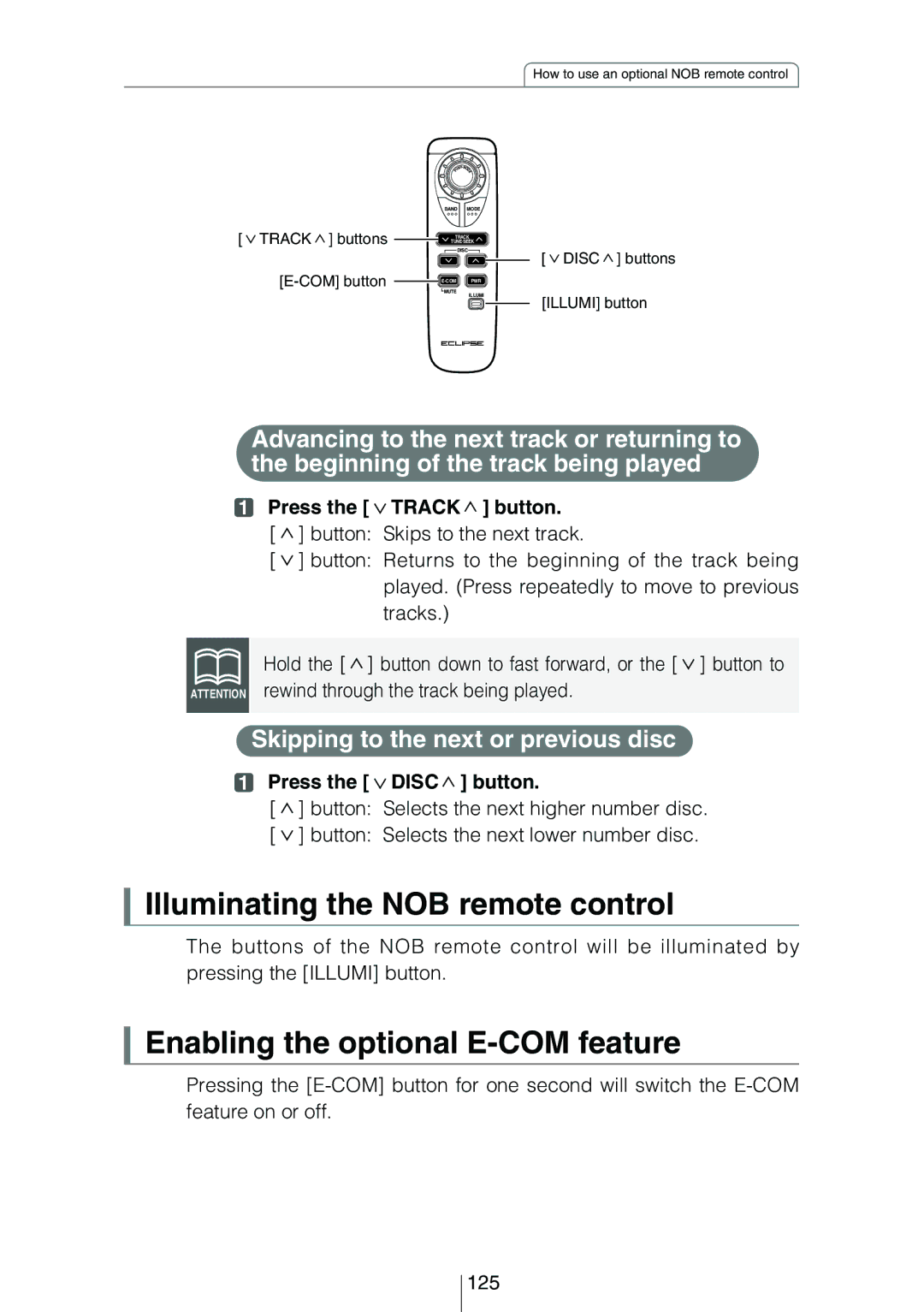 Eclipse - Fujitsu Ten CD5444 owner manual Illuminating the NOB remote control, Press the Track button 