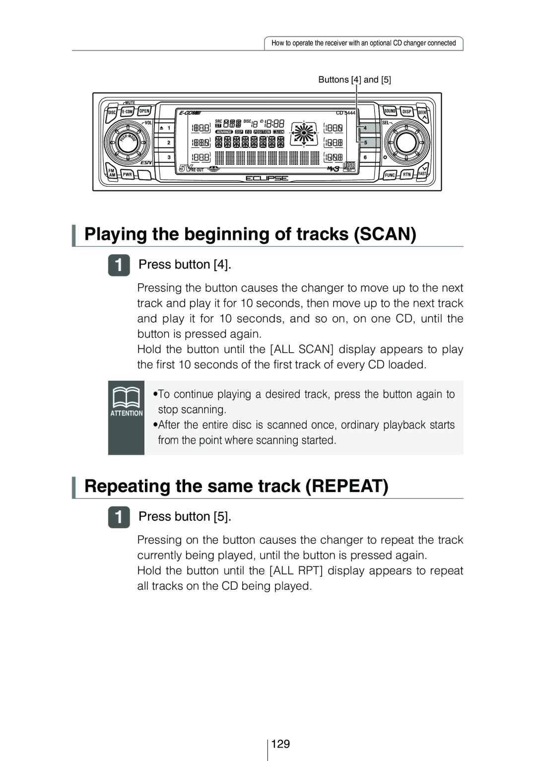 Eclipse - Fujitsu Ten CD5444 owner manual Playing the beginning of tracks Scan 