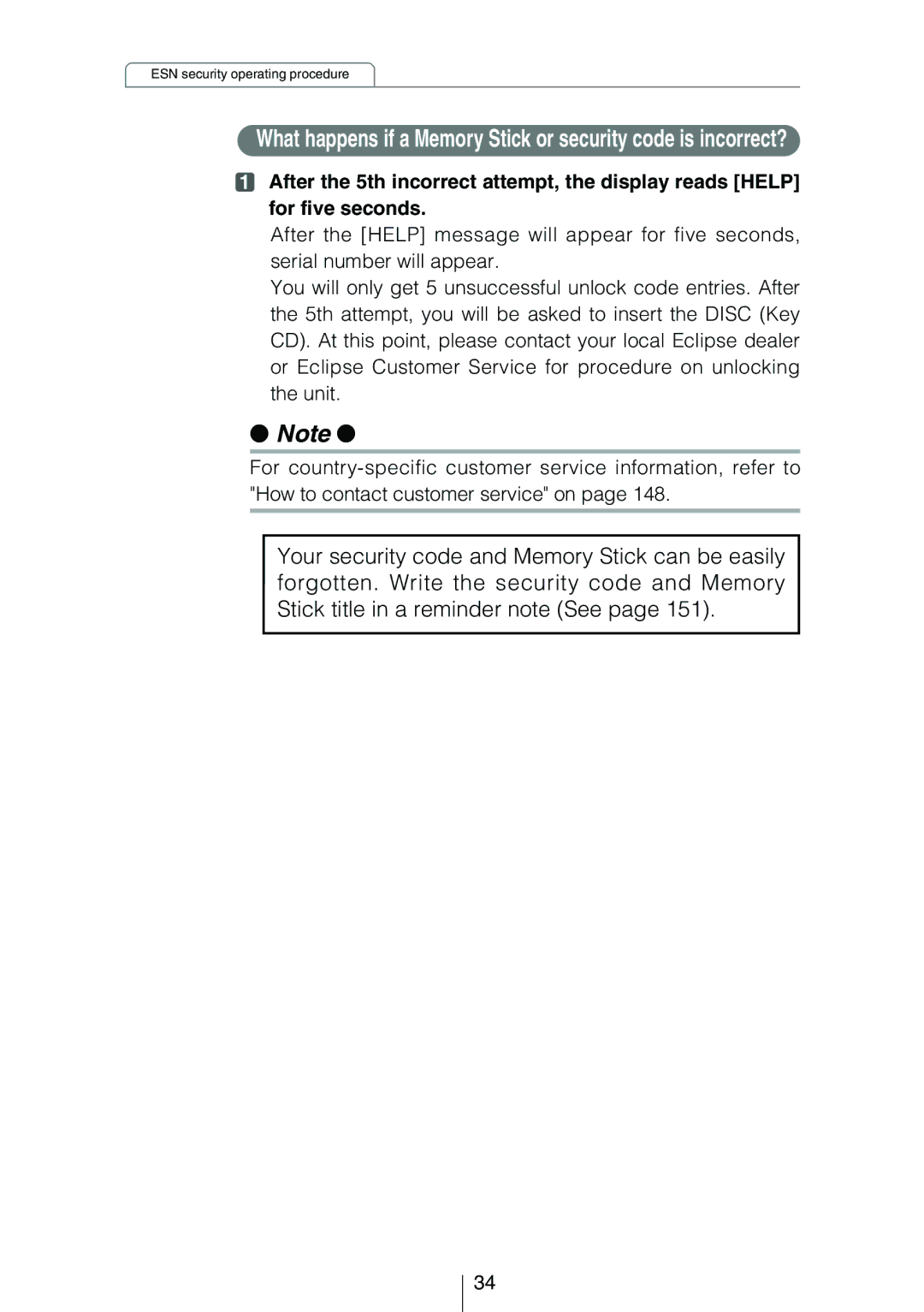 Eclipse - Fujitsu Ten CD5444 owner manual ESN security operating procedure 