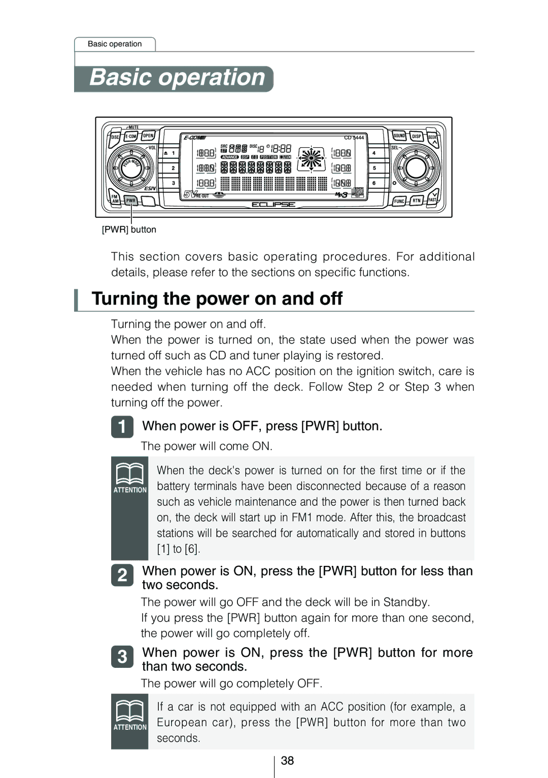 Eclipse - Fujitsu Ten CD5444 owner manual Basic operation, Turning the power on and off 