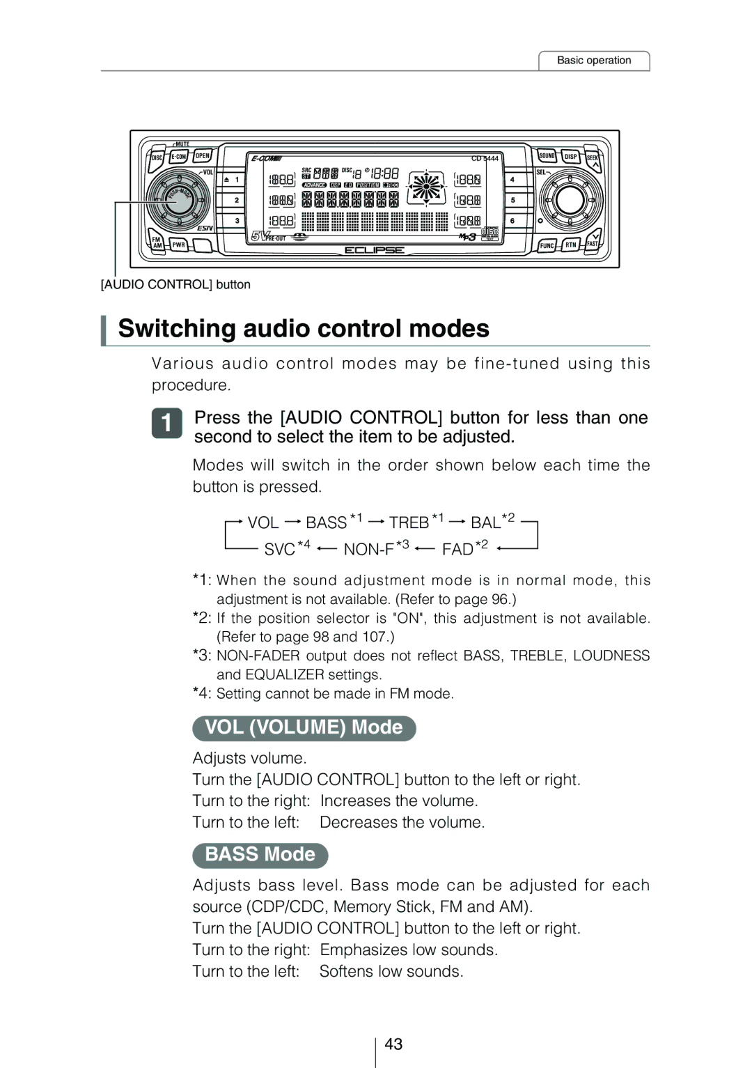 Eclipse - Fujitsu Ten CD5444 owner manual Switching audio control modes, VOL Volume Mode, Bass Mode 