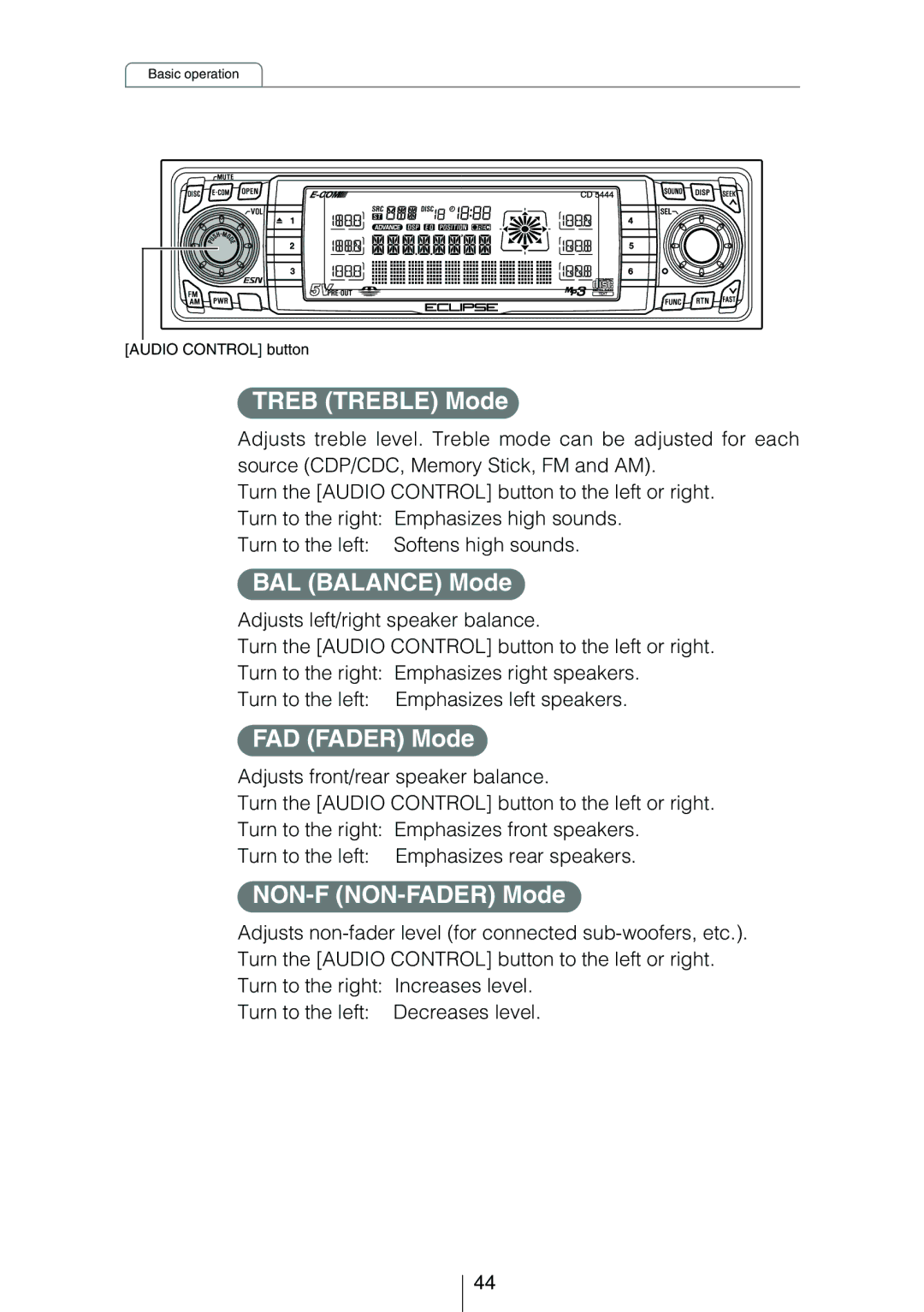 Eclipse - Fujitsu Ten CD5444 owner manual Treb Treble Mode, BAL Balance Mode, FAD Fader Mode, NON-F NON-FADER Mode 