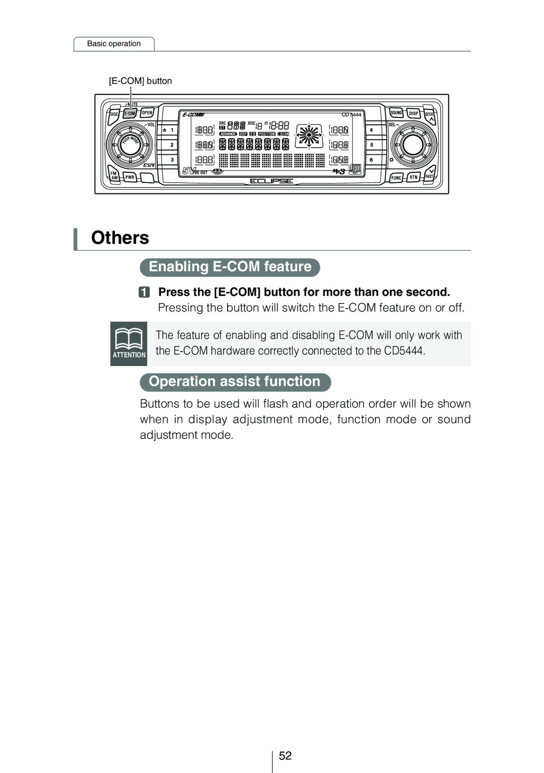 Eclipse - Fujitsu Ten CD5444 owner manual Others, Enabling E-COM feature, Operation assist function 