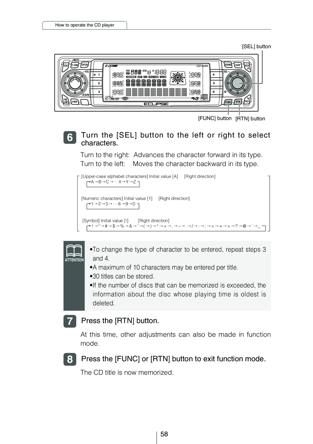 Eclipse - Fujitsu Ten CD5444 owner manual Press the RTN button, Press the Func or RTN button to exit function mode 