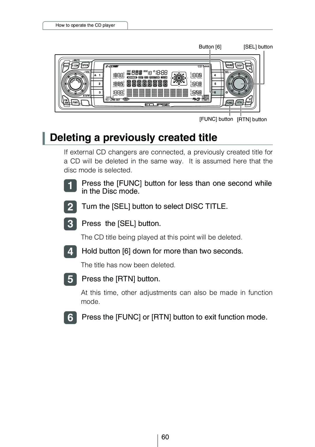 Eclipse - Fujitsu Ten CD5444 Deleting a previously created title, Hold button 6 down for more than two seconds, Mode 