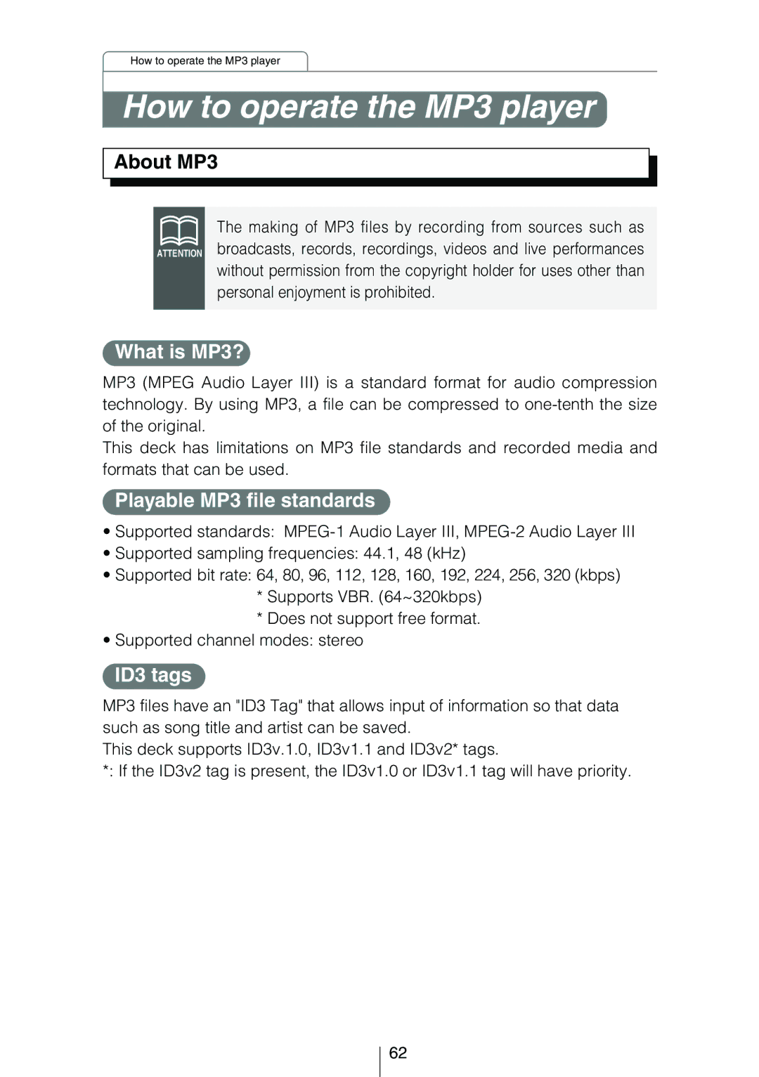 Eclipse - Fujitsu Ten CD5444 How to operate the MP3 player, What is MP3?, Playable MP3 file standards, ID3 tags 