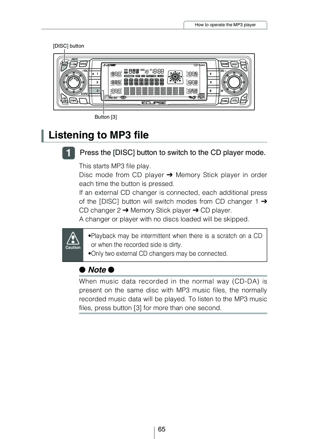 Eclipse - Fujitsu Ten CD5444 owner manual Listening to MP3 file, Press the Disc button to switch to the CD player mode 