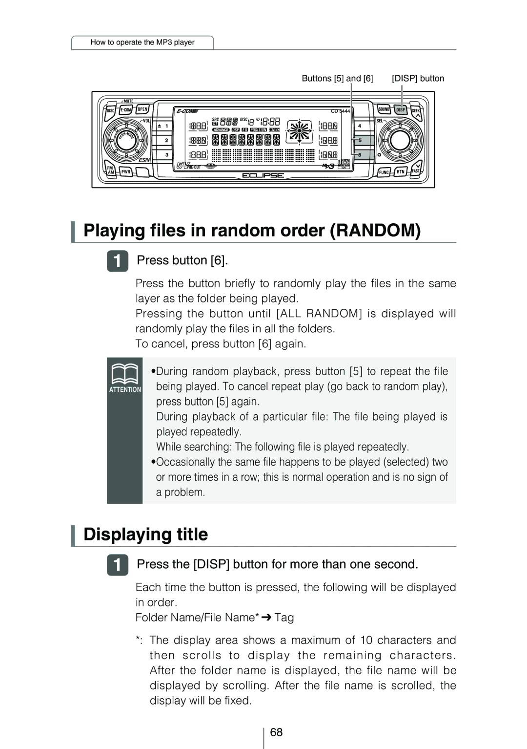 Eclipse - Fujitsu Ten CD5444 owner manual Playing files in random order Random, Displaying title 