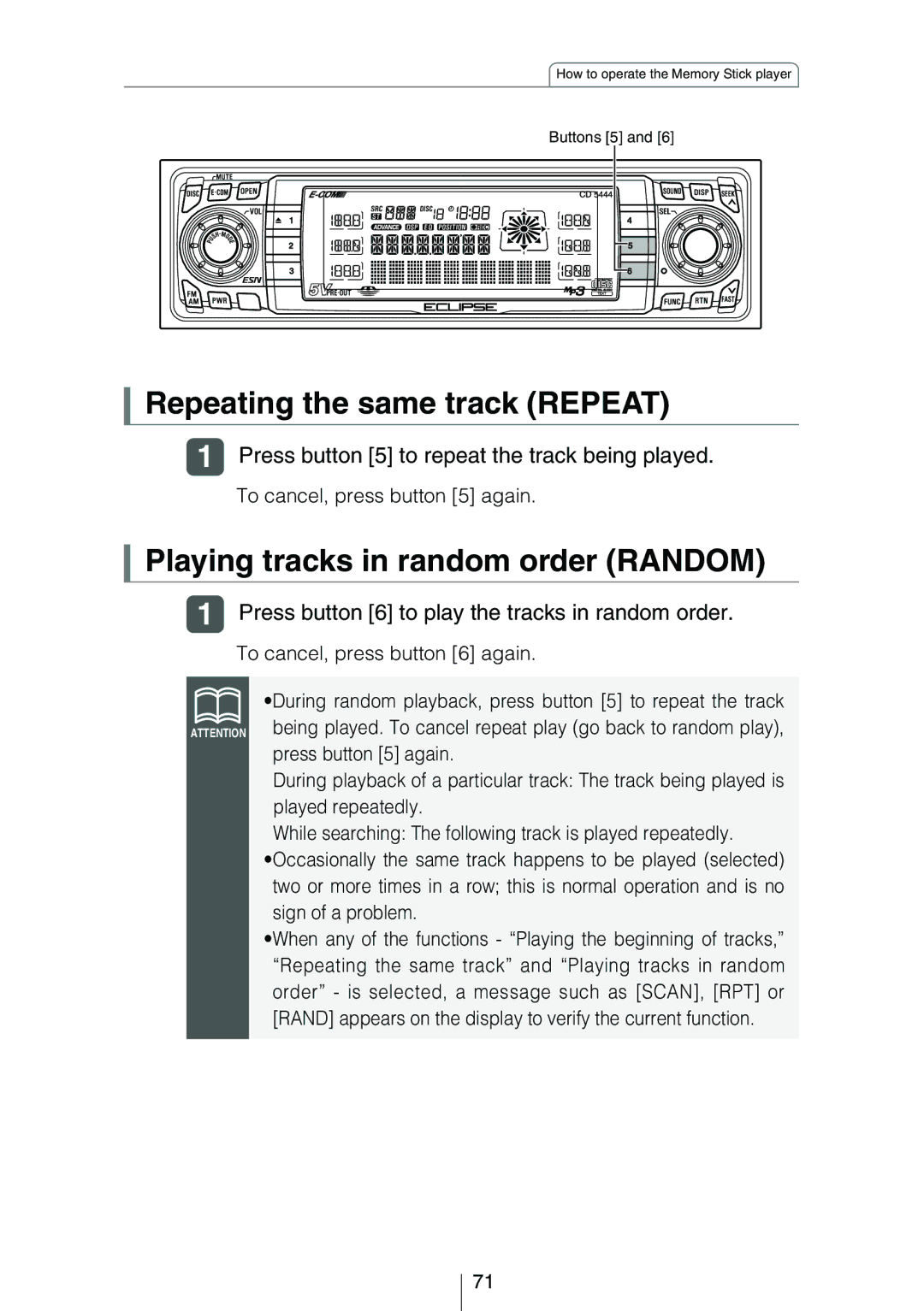 Eclipse - Fujitsu Ten CD5444 owner manual Repeating the same track Repeat 