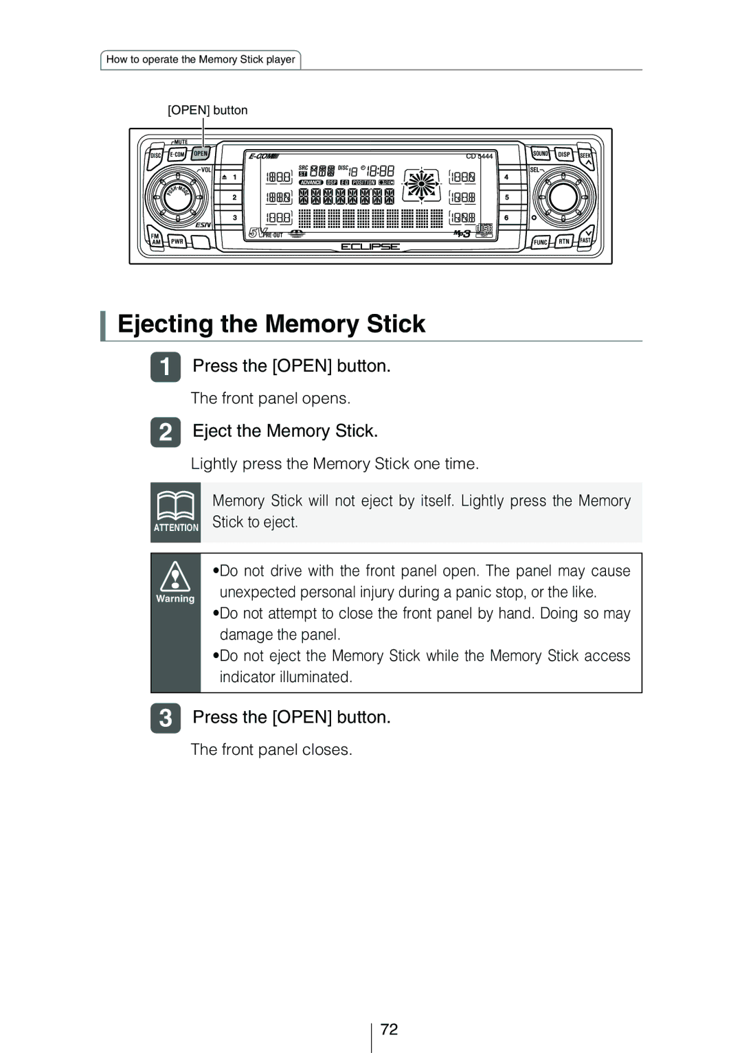 Eclipse - Fujitsu Ten CD5444 owner manual Ejecting the Memory Stick, Eject the Memory Stick 