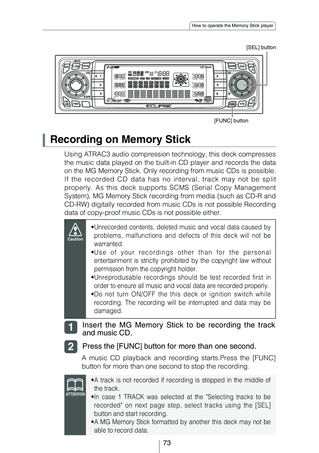 Eclipse - Fujitsu Ten CD5444 Recording on Memory Stick, Insert the MG Memory Stick to be recording the track, Music CD 