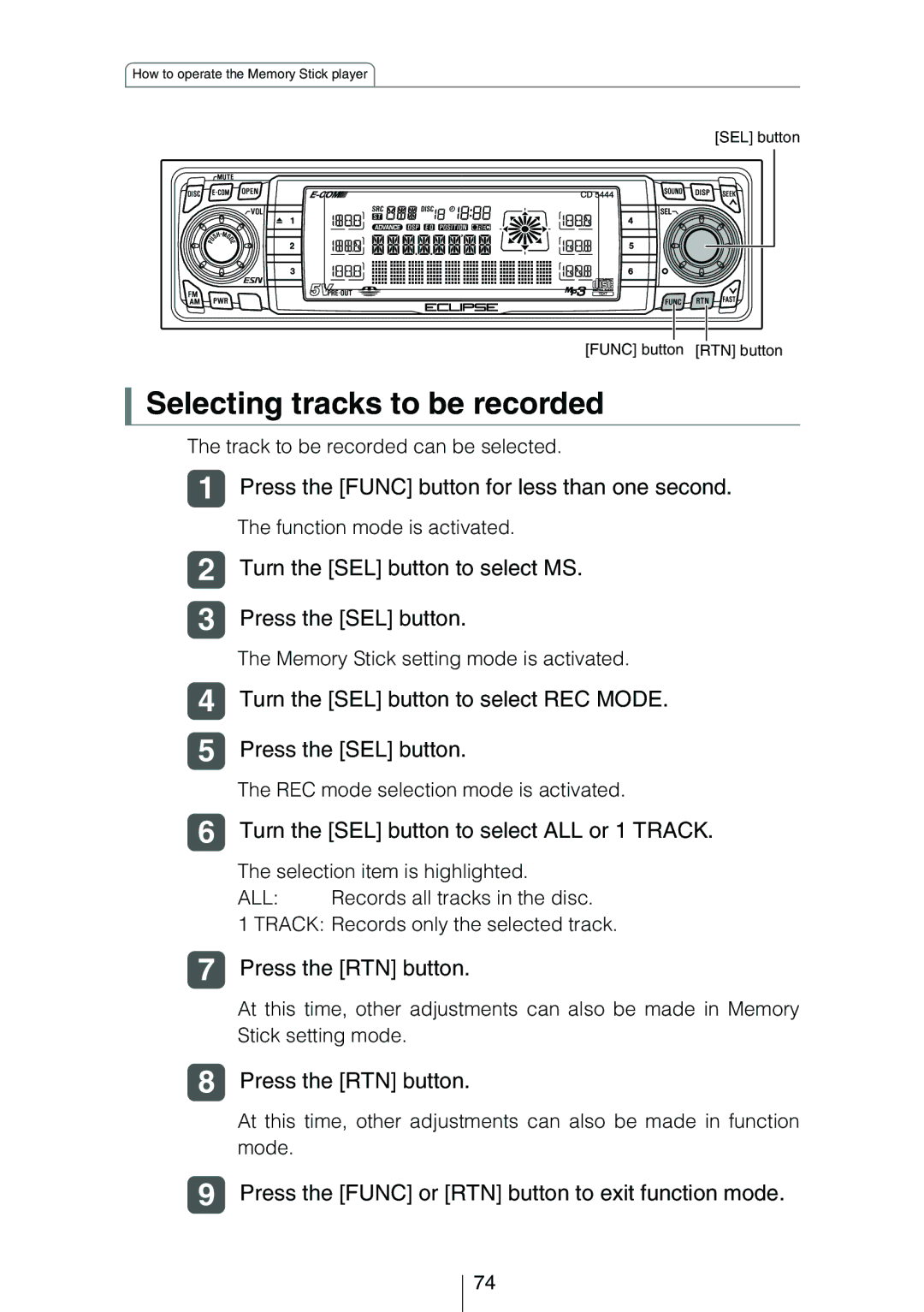 Eclipse - Fujitsu Ten CD5444 Selecting tracks to be recorded, Turn the SEL button to select MS. Press the SEL button 