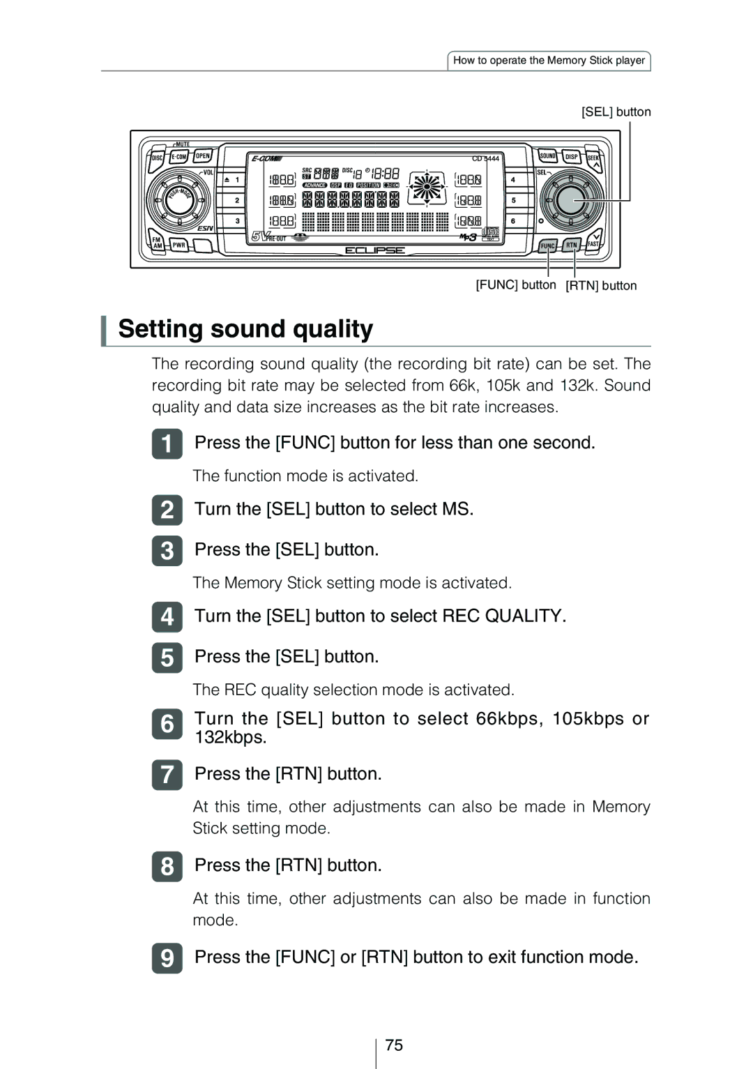 Eclipse - Fujitsu Ten CD5444 owner manual Setting sound quality, Turn the SEL button to select 66kbps, 105kbps or, 132kbps 